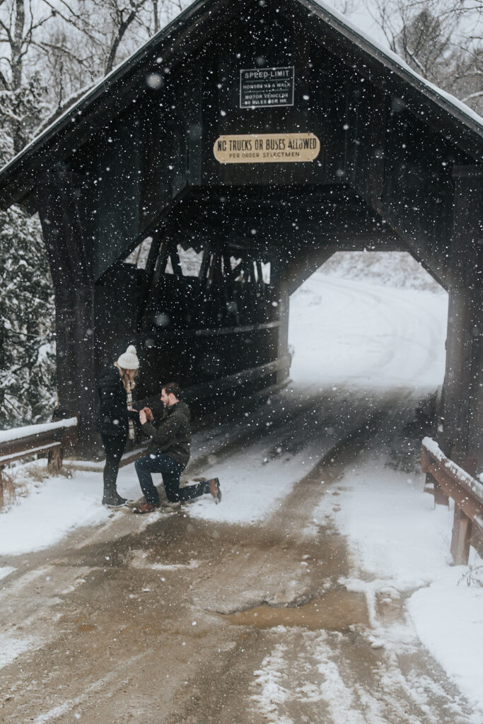 Winter proposal covered bridge stowe vermont