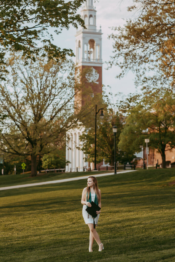 UVM senior portrait with campus architecture